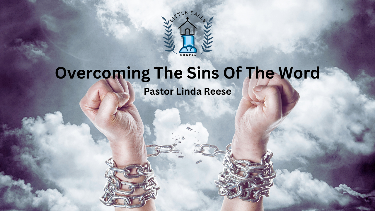 A pair of hands breaking free from chains against a cloudy sky, symbolizing overcoming sins.