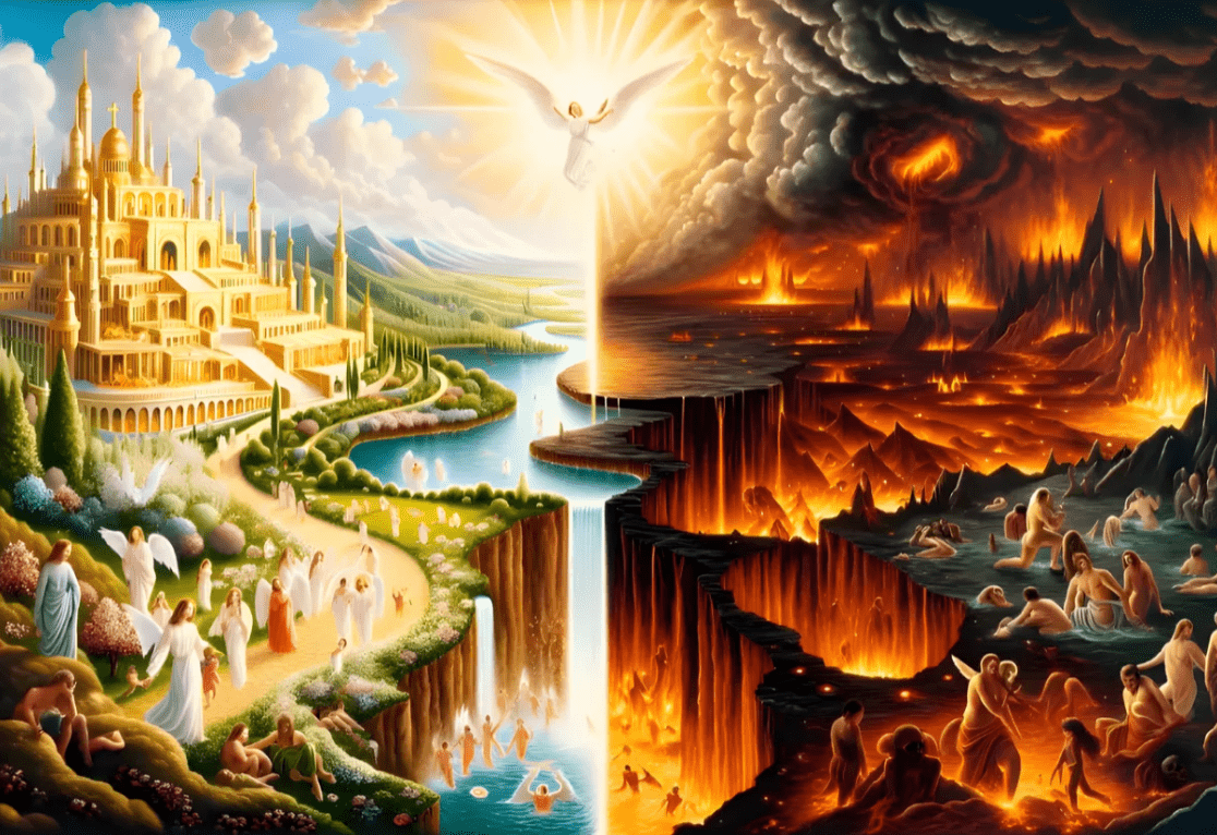A vivid depiction of Heaven and Hell, with a golden celestial city and angels on one side, and a dark, fiery landscape filled with tormented souls on the other.