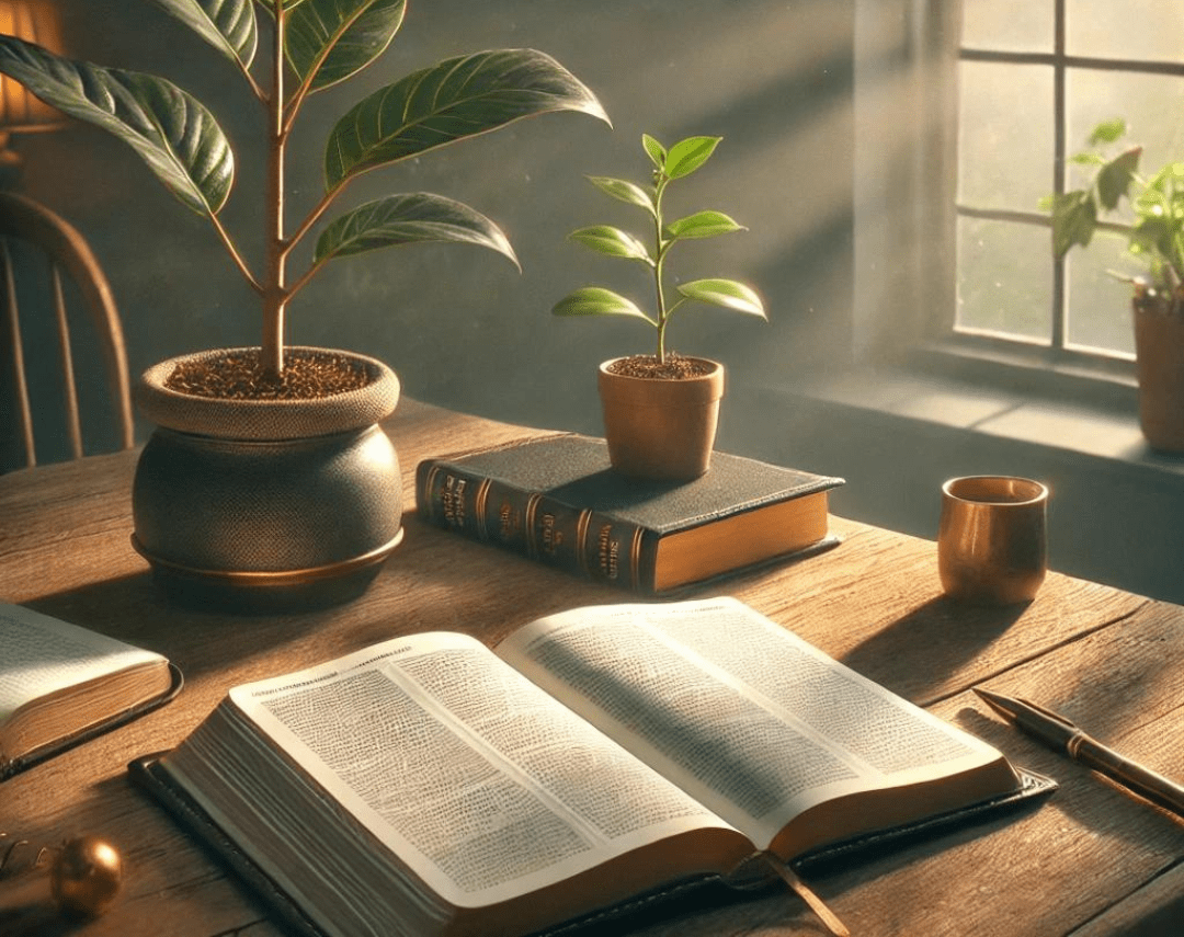 Open Bible and growing plants on a wooden table, symbolizing spiritual growth and nourishment.