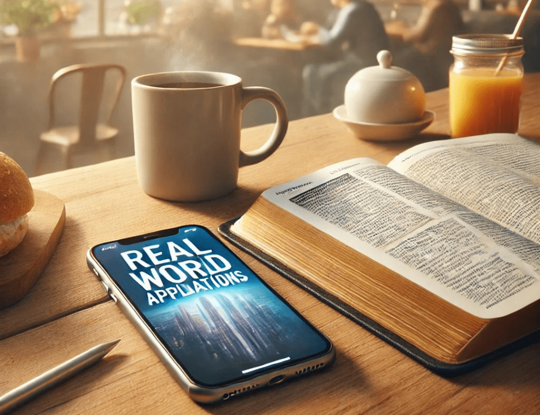 Open Bible and smartphone displaying &quot;Real-World Applications&quot; on a wooden table with coffee and breakfast in a cozy setting.