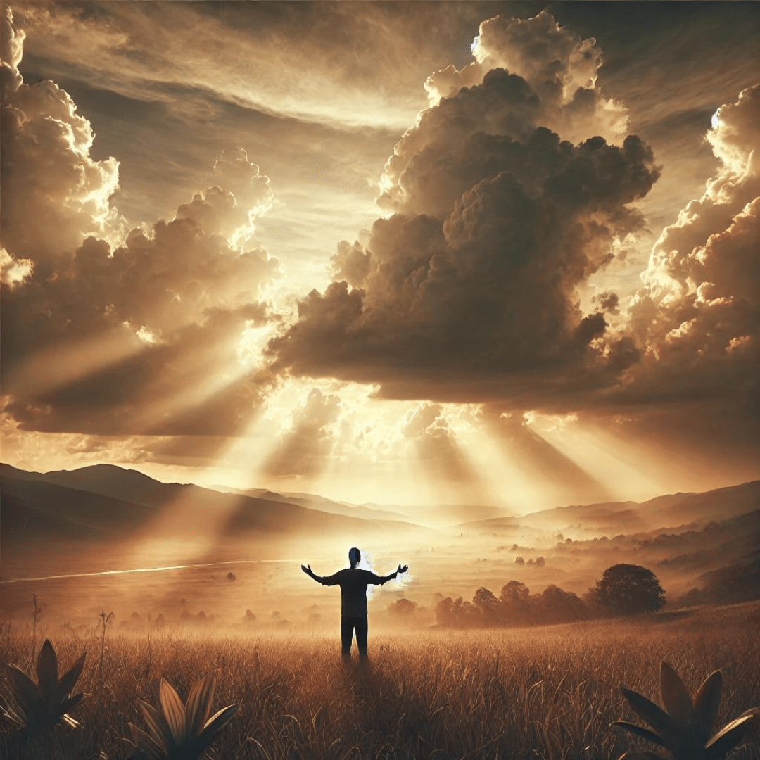 Person standing in a field with arms raised toward the sky, bathed in heavenly light, symbolizing strong faith and devotion.