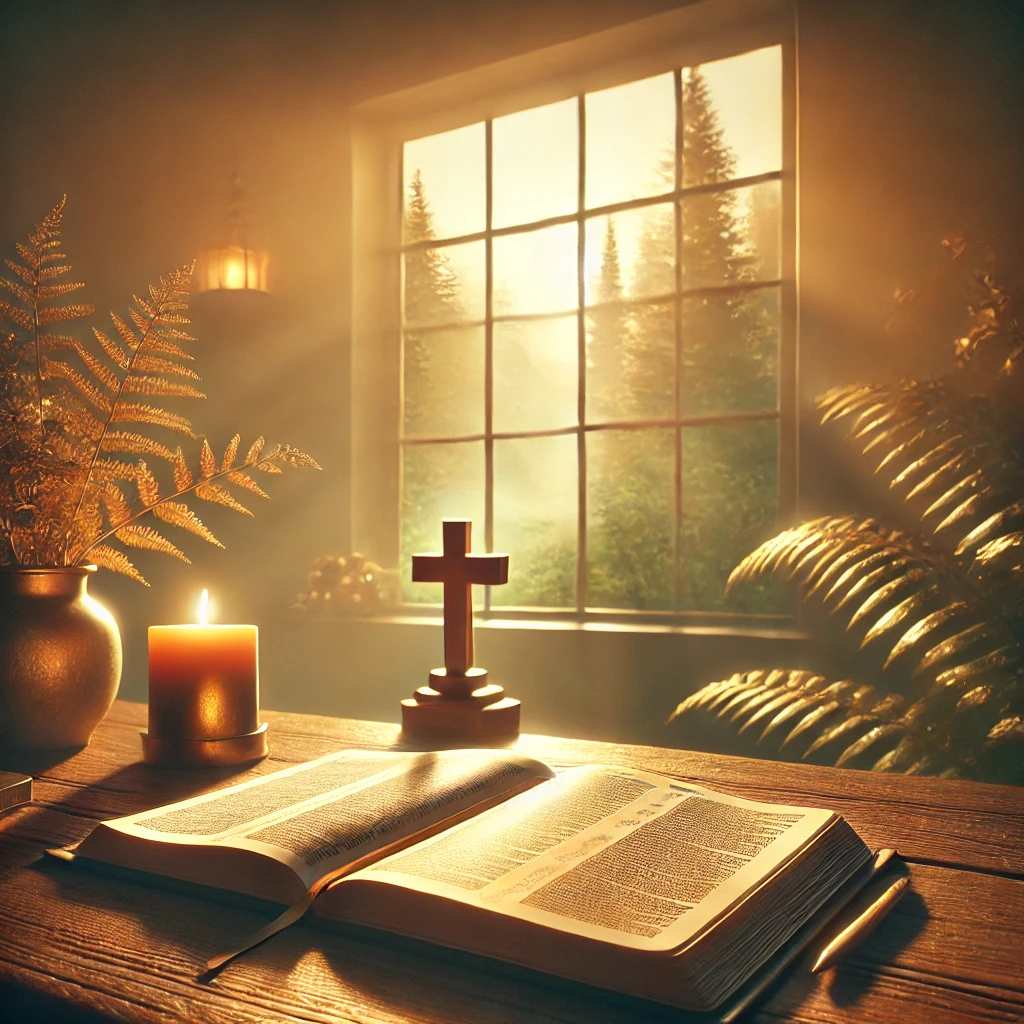 Open Bible, candle, and cross on a wooden table by a window, symbolizing personal prayer and reflection.