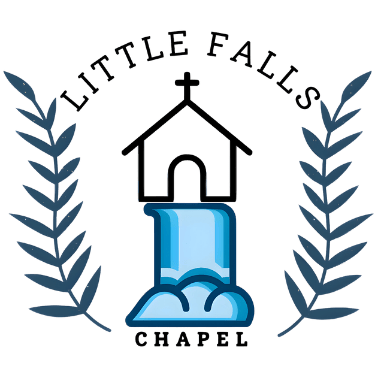 Little Falls Chapel logo featuring a chapel icon, waterfall, and laurel branches symbolizing faith and community.