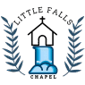 Logo of Little Falls Chapel featuring a small church with a cross on top, positioned above a stylized waterfall. Two blue laurel branches frame the design, symbolizing faith and spiritual growth.